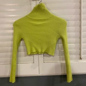 Neon green knit cropped turtleneck sweater